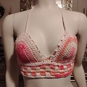 Crochet Halter Top in Pink And Cream